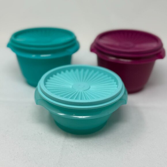 3 Tupperware Servalier Bowls Snack Round Containers Lids Teal Purple 20oz & 10oz - Picture 7 of 7